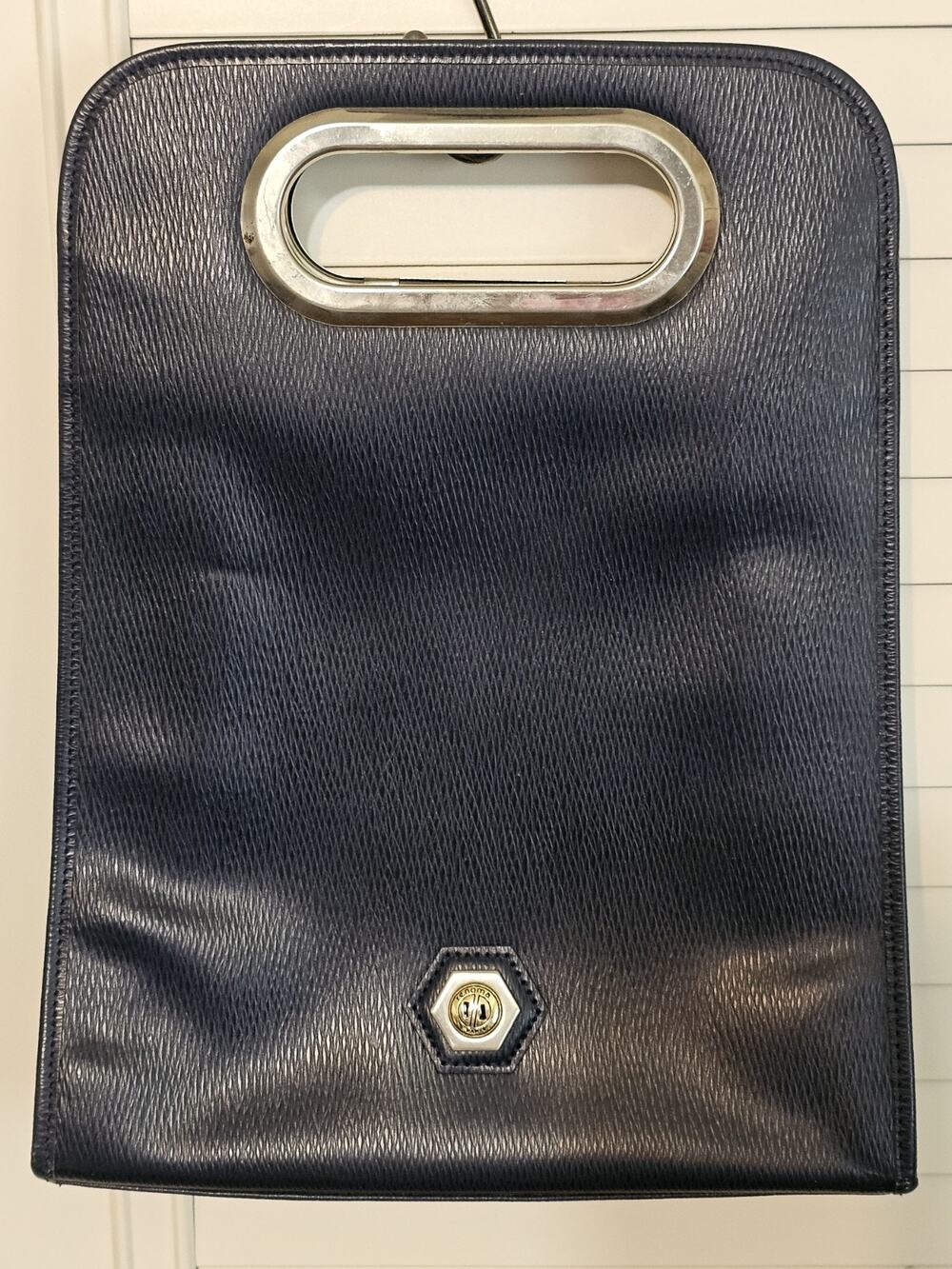 Vintage Renoma Paris Clutch Bag Navy Blue Portfolio Cutout Handle Logo Hex Clasp